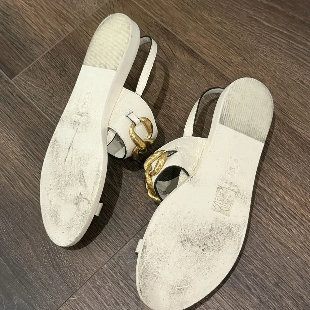 Tory Burch Adrien Sandals 7.5M Ivory White Leather Gold Chain Flat Toe Ring